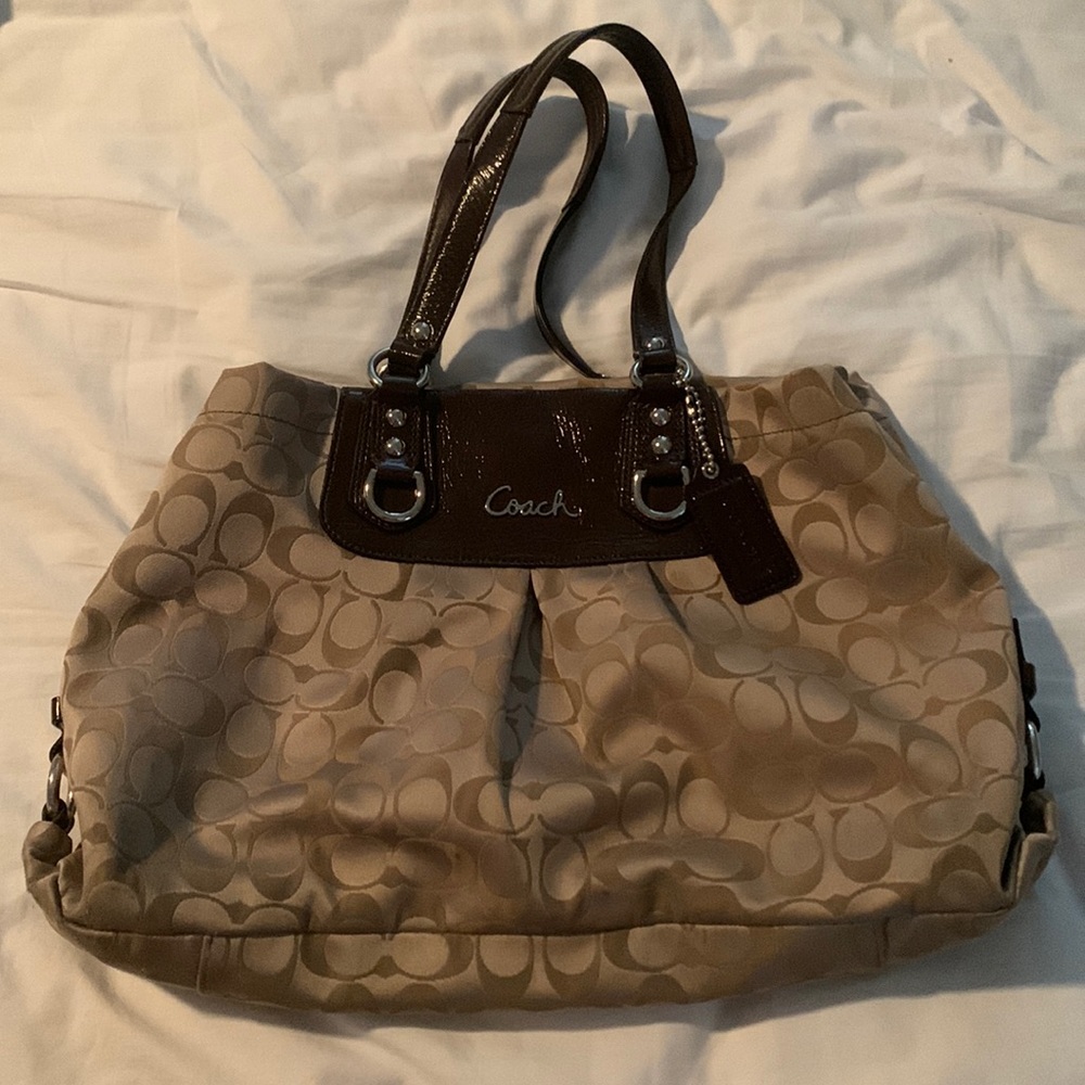 Coach Beige Signature Canvas Shoulder Bag with Dark Brown Trim